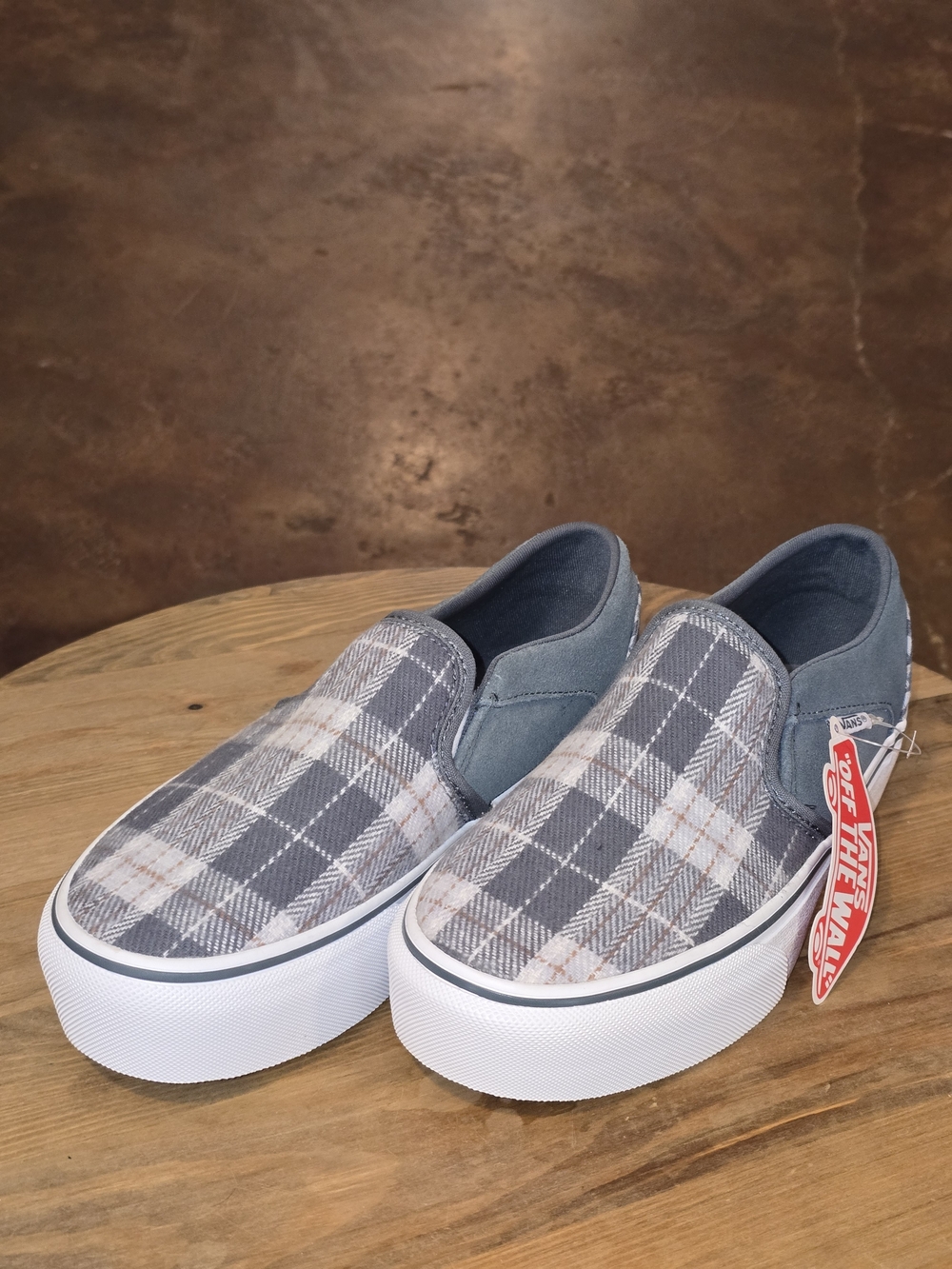 Vans Plaid Slip-On Sneakers in Gray and White